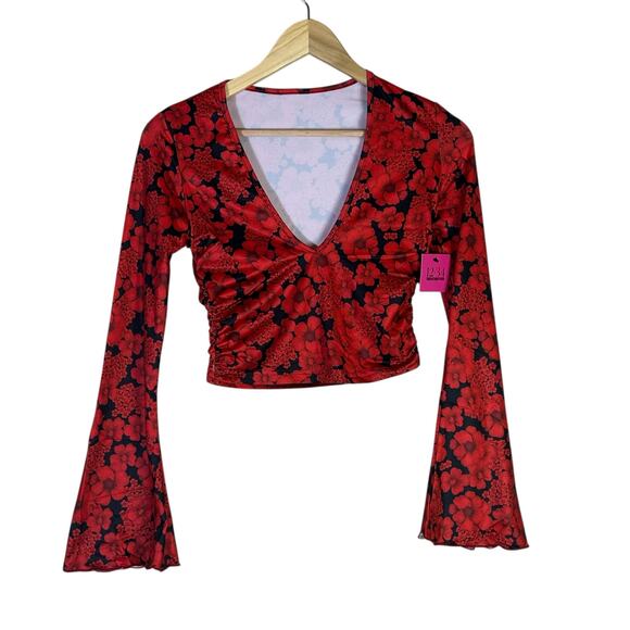 NWT Crop Top Maxi Skirt Matching Set Womens L Red Black Floral Bell Sleeve Indie - Picture 2 of 8